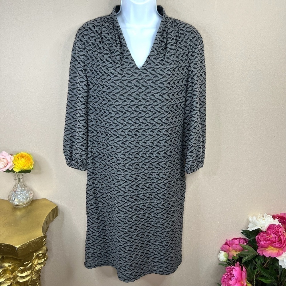 8 Evan Picone Grey & Black Ruffle Tunic Dress Long Sleeve Stretch M Medium